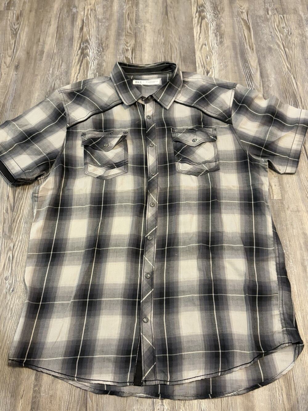 BKE Western Shirt Men’s XL Pearl Snap Plaid Short Sleeve Gray Black Cowboy